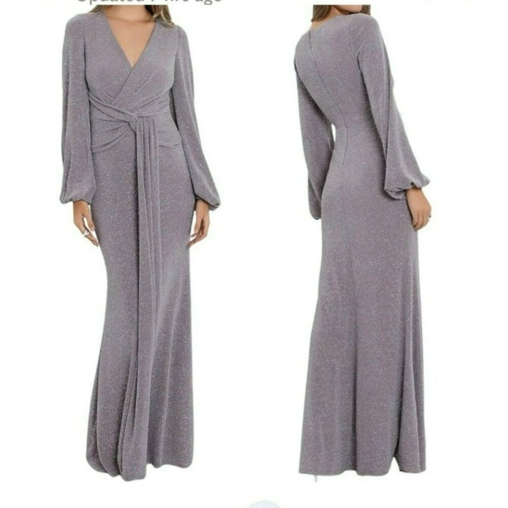 Betsy & Adam $249 Size 10 Formal Maxi Dress Glitter Taupe Long Sleeve Gown NWT